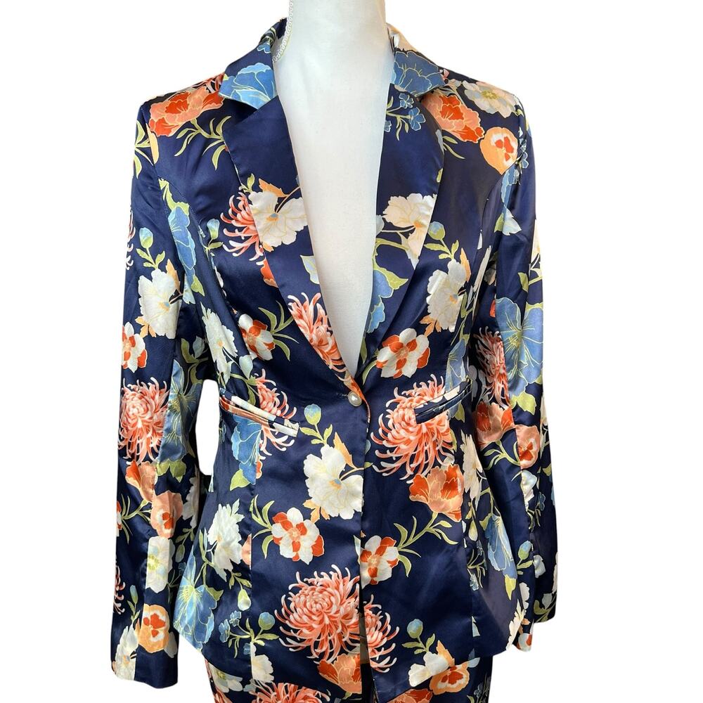 The Sang XS Floral Blazer Pants Suit Set Navy Blue Career Wedding Outfit GUC - Picture 2 of 11